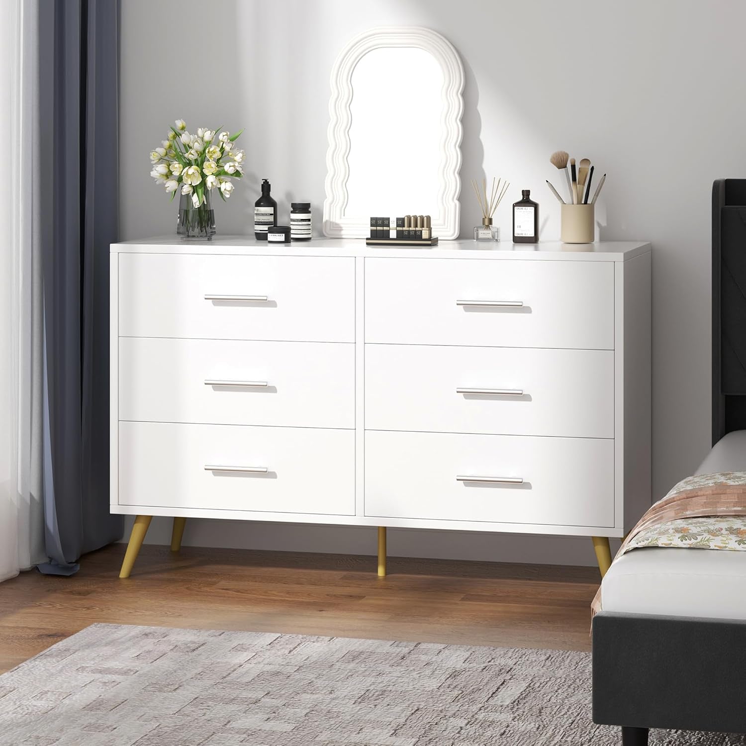 6 Drawer Dresser, Wide Chest of Drawers Organizer Storage with Drawers, Large Storage Cabinet, Modern Design Dresser for Bedroom, Living Room, Porch, White