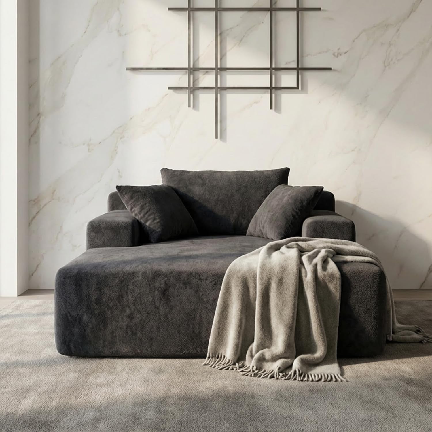 Chaise Lounge with Armrests, Oversized Sofa Bed with 3 Pillows, Cozy Boneless Couch, Sleeper Reading Chair for Living Room Bedroom, Floor Sofa Chenille, Furniture Sala, Black Onyx