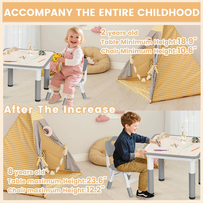 Kids Table and Chairs Set - 23.6" L X 23.6" W Height Adjustable Toddler Desk, Non-Slip Kids Chair with Graffiti Desktop for Ages 2-8, for Home Preschool Classroom Daycare, Grey