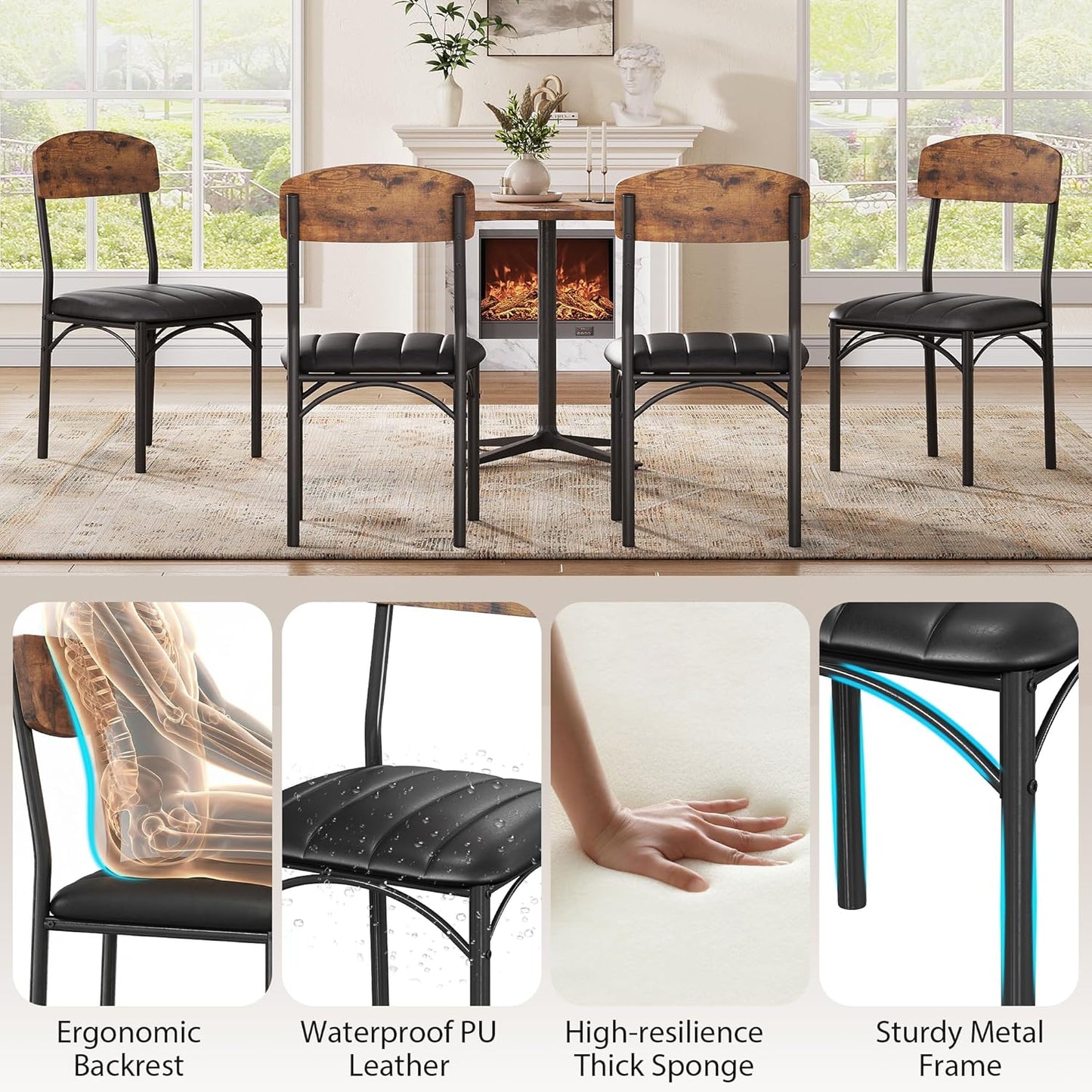 Dining Chairs Set of 4 - Upholstered Dining Room Chairs with PU Leather, Industrial Kitchen Chairs with Wooden Backrest and Thickened Metal Legs, for Dining Room, Living Room (Vintage)
