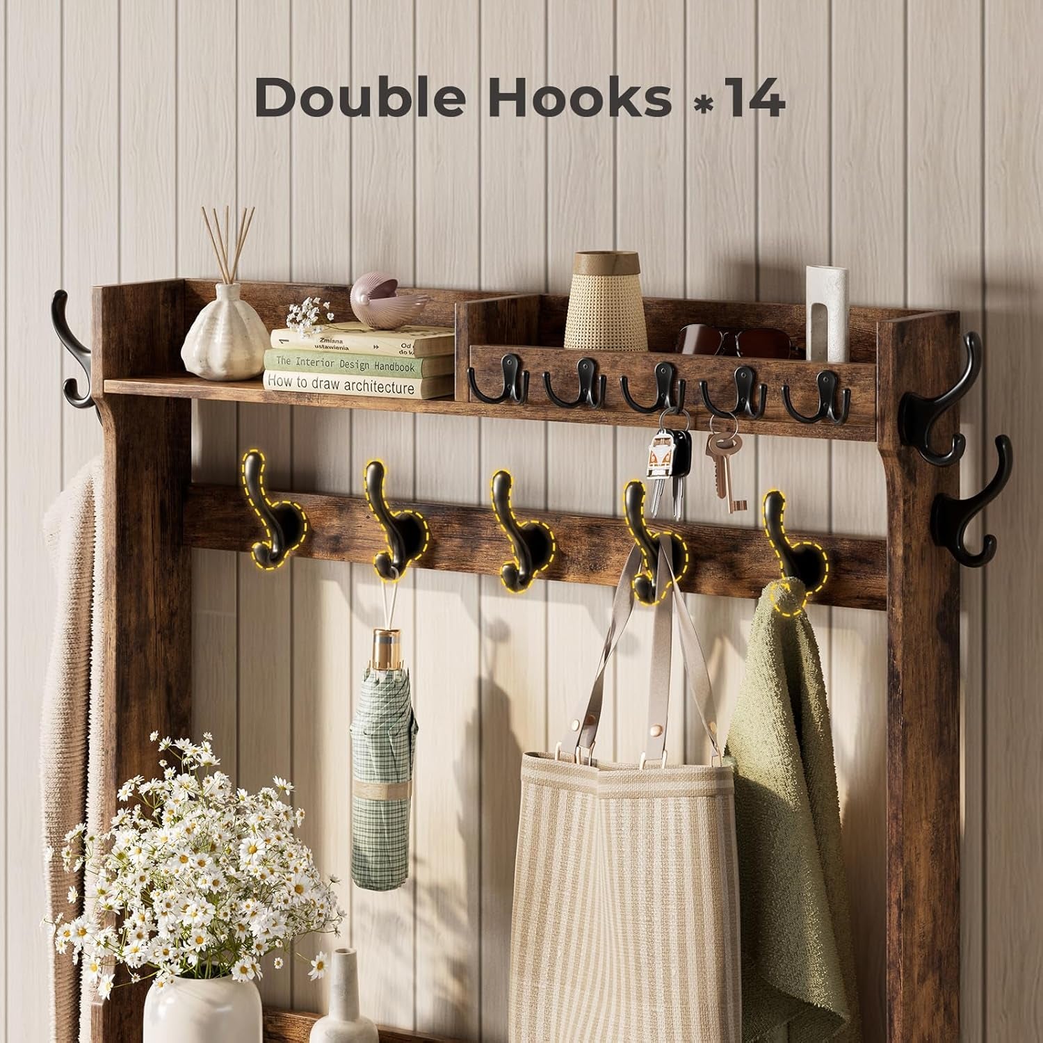 Farmhouse Hall Tree with Shoe Storage Cabinet, Shoe Cabinet with 14 Coat Hooks & Doors, Coat Rack Cabinet with 6 Tier Shoe Storage Organizer for Hallway, Entryway,Rustic Brown