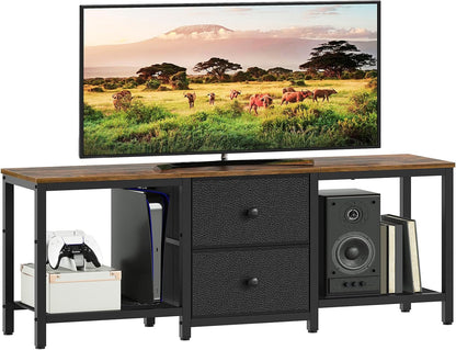 TV Stand for Tvs up to 55", Entertainment Center with 2 Fabric Drawer, Media Console with Shelves, Television Stands for Living Room, Bedroom, Rustic Brown and Black DS02BR