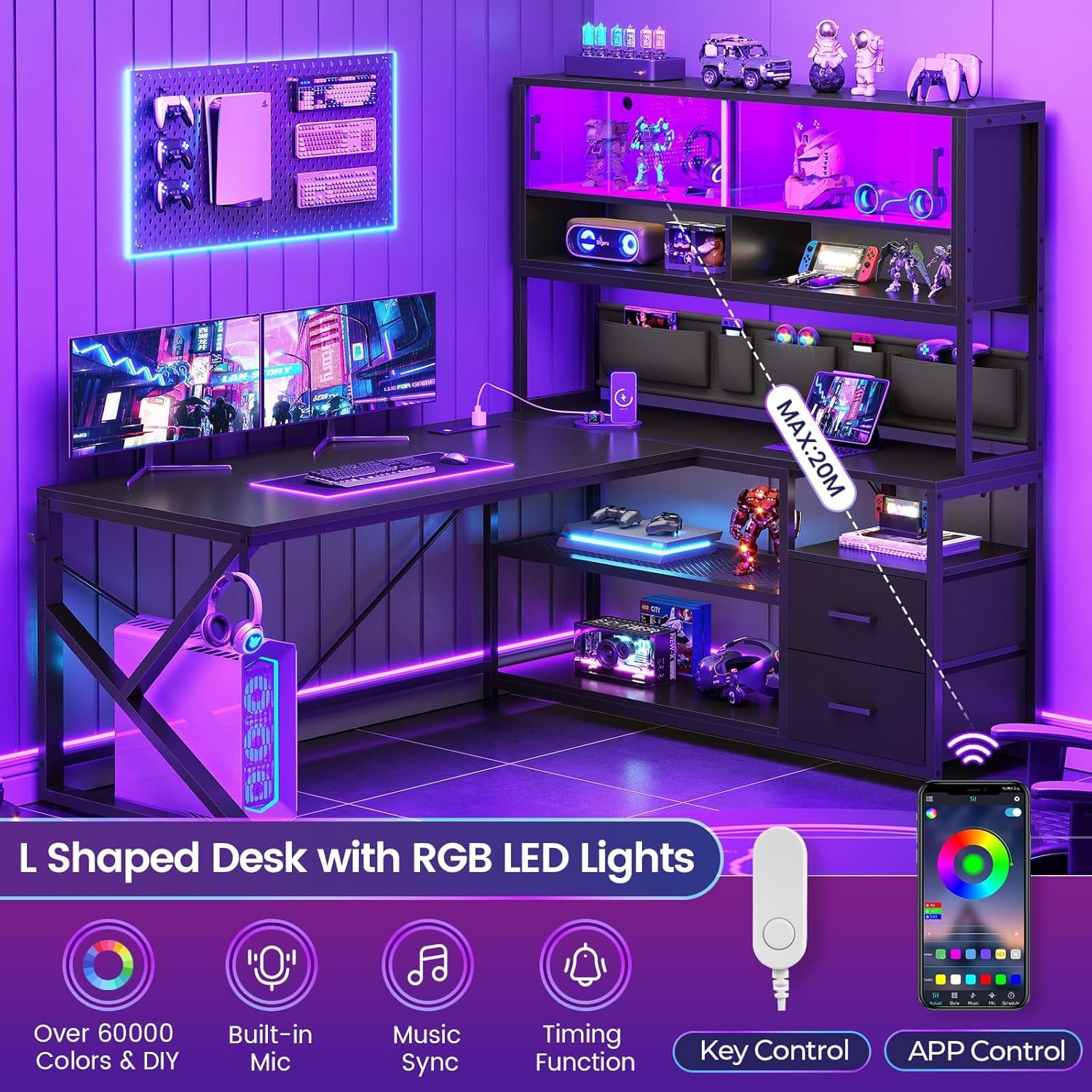 L Shaped Gaming Desk, Home Office Computer Desk with 2 Drawer and Bookshelf, L Shaped Gaming Desk with LED Light, Glass Cabinet and Storage Bag, Corner Desk with Storage Shelves, Black