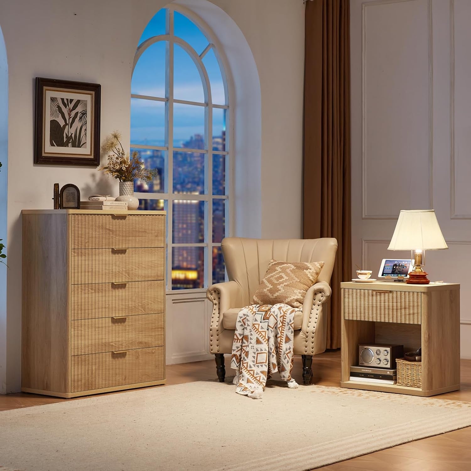 Fluted Farmhouse Nightstand Set of 2 with Charging Station, 23" Wide 1 Drawers End Table,Natural Dresser for Bedroom,Bed Side Table Chest of Drawers Cabinet,Wood Night Stand for Living Room