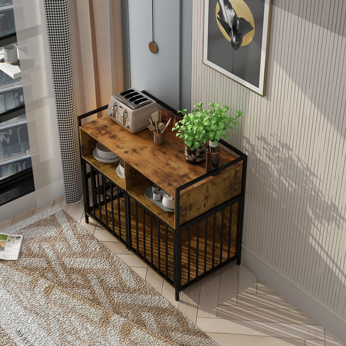 Large Dog Crate Furniture - 48" Vintage Brown Wooden Kennel for Big Dogs, Heavy Duty Chew-Proof Cage with 360° & Adjustable Raised Feeder, Dual Use as End Table or TV Stand