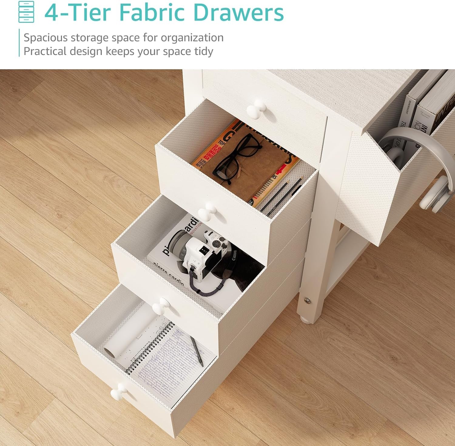 White L Shaped Computer Desk with Drawers & Storage Shelves, 47 Inch Corner Reversible Desk with Power Outlet for Home Office Bedroom, L-Shaped Teen PC Desks with Fabric Drawer, White