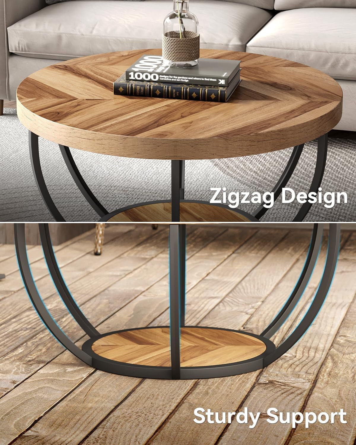 round Coffee Table, 32" Circle Coffee Table for Living Room, 2-Tier Wood Accent Center Table with Open Storage Industrial Design Home Furniture (Wood Grain and Black)