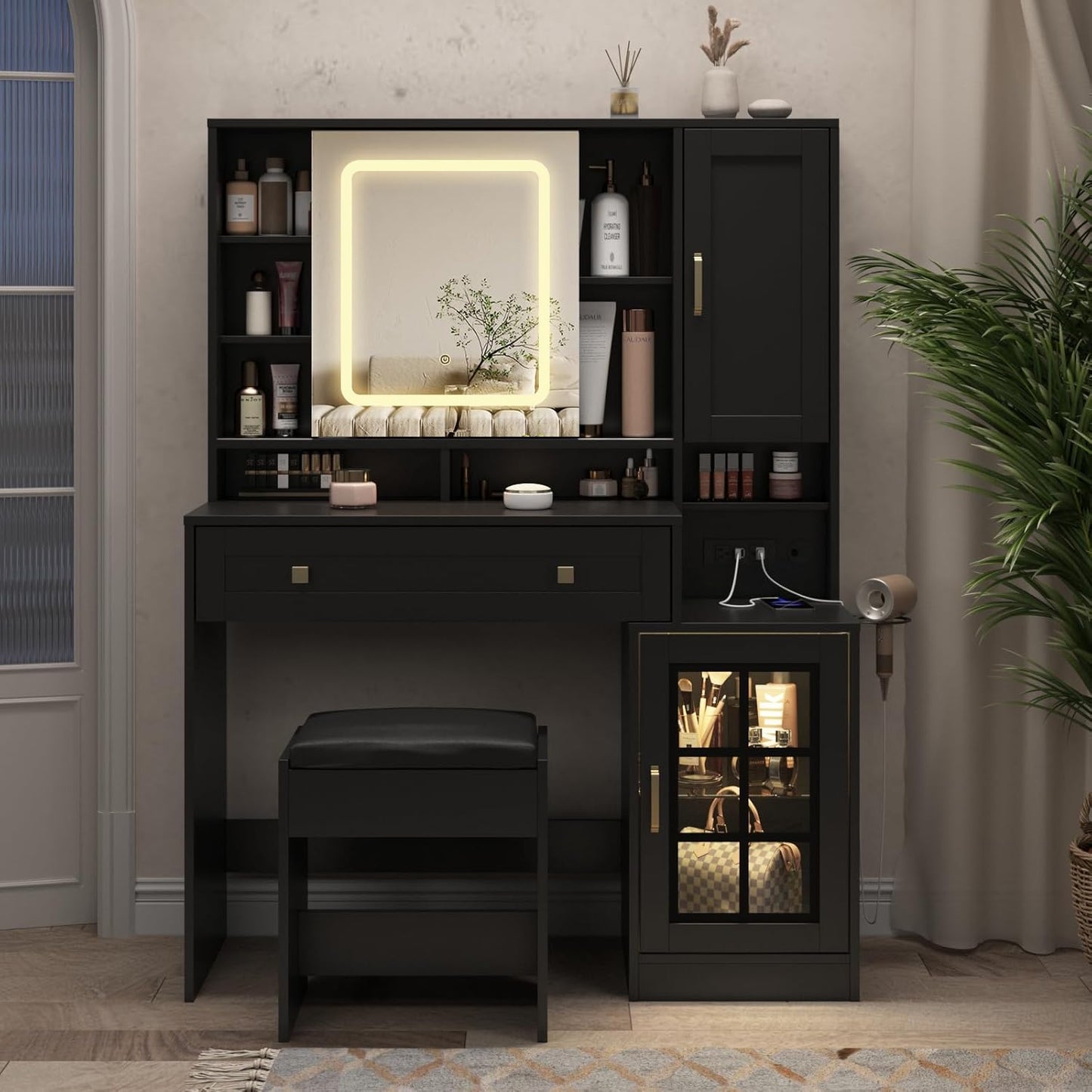 Vanity Desk with Sliding Mirror and Lights, 41.8'' Black Makeup Vanity Table with Jewelry Storage & Charging Station, Stool, Large Drawer, Visual Cabinet, 3 Lighting Modes, Adjustable Shelves