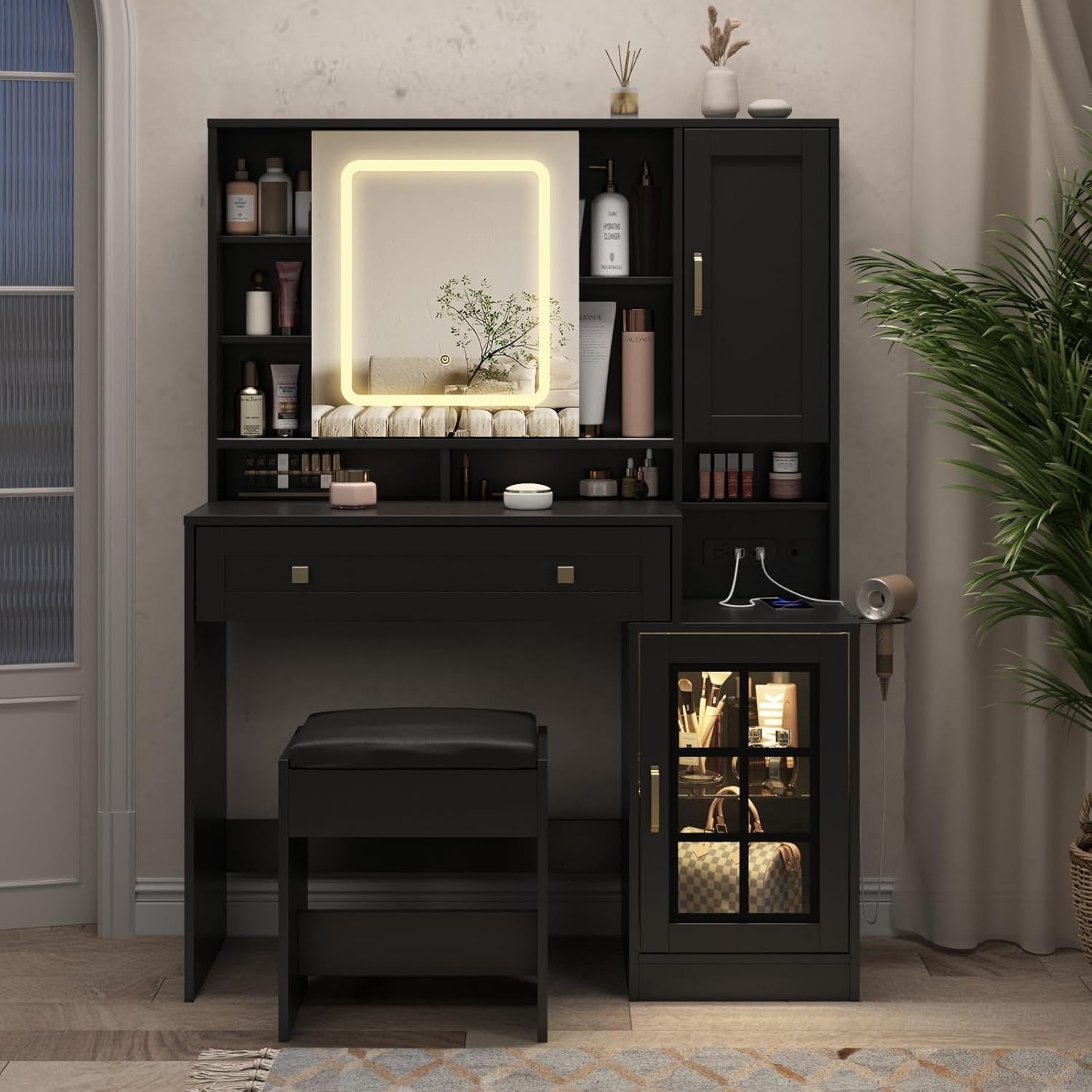 Vanity Desk with Sliding Mirror and Lights, 41.8'' Black Makeup Vanity Table with Jewelry Storage & Charging Station, Stool, Large Drawer, Visual Cabinet, 3 Lighting Modes, Adjustable Shelves