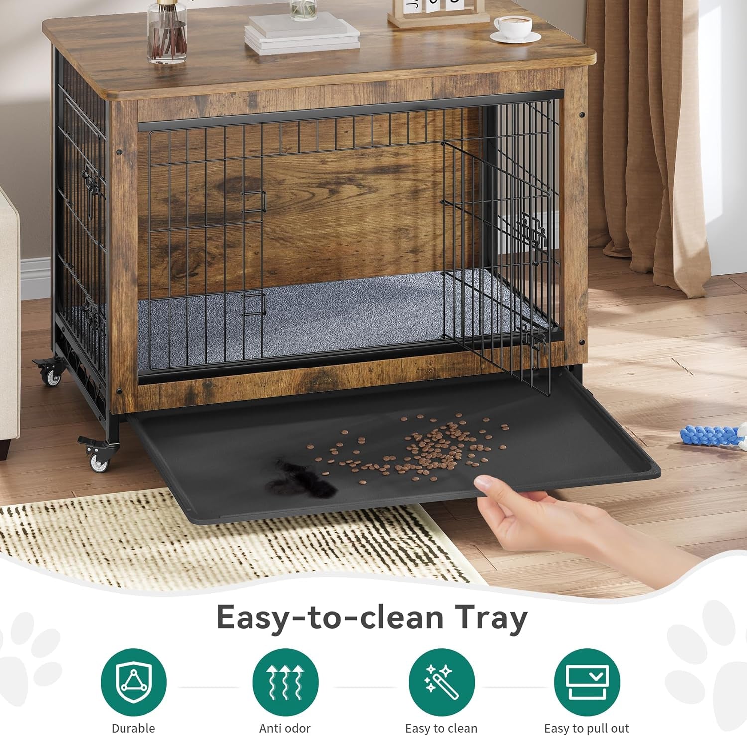 Dog Crate Furniture with Cushion, Dog Kennel Indoor with Wheels, 27" Dog Cage with Double Doors for Small Dog (Rustic Brown)
