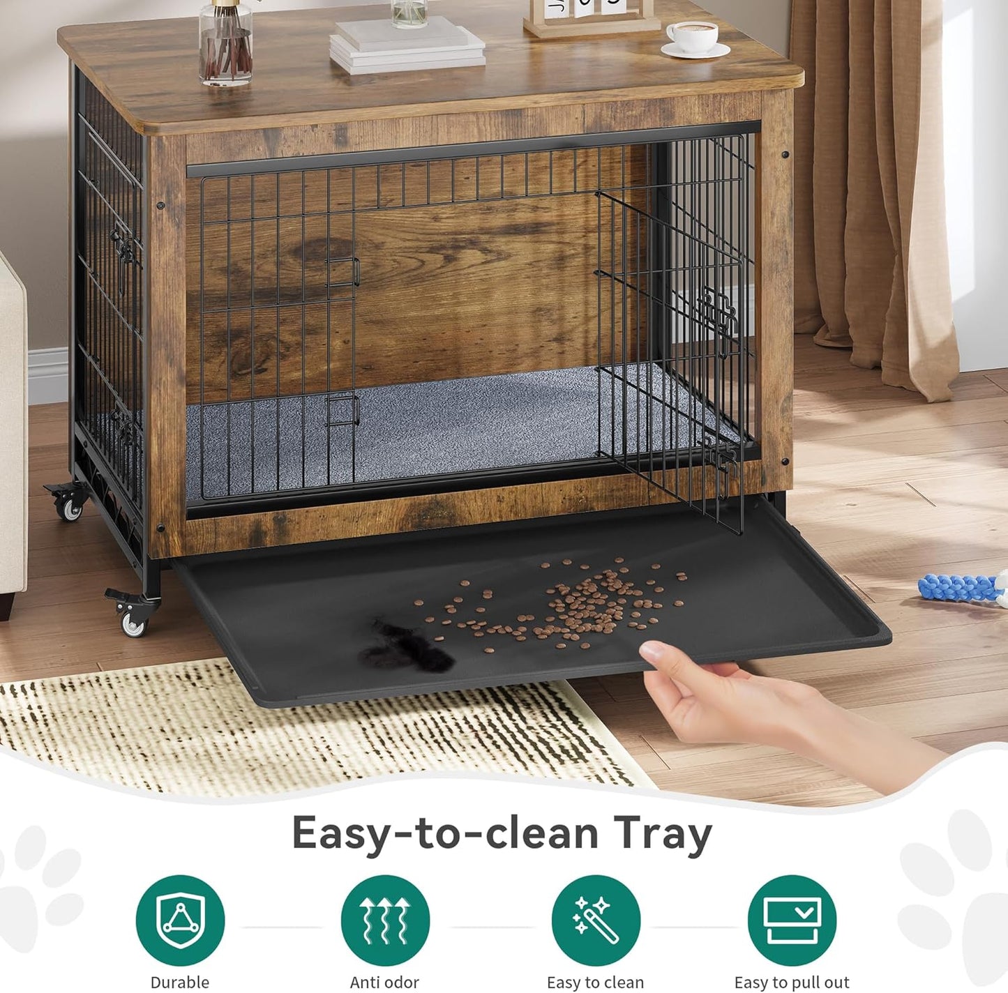 Dog Crate Furniture with Cushion, Kennel with Wheels, End Table with Tray, 27" Cage with Double Doors for Small Dog (Gray)