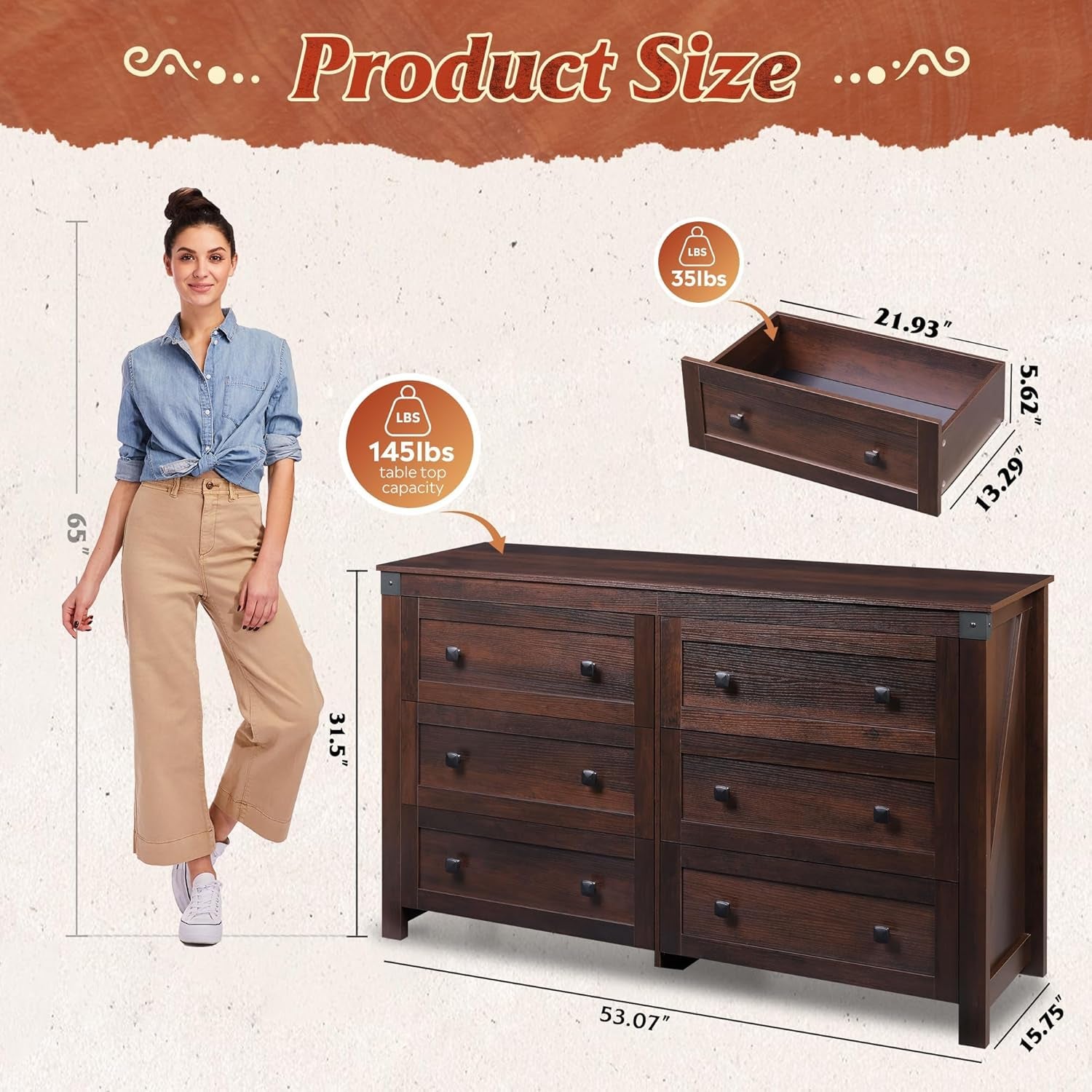 Farmhouse 6 Drawer Dresser for Bedroom, 53.07'' Wide Wood Dresser, Storage Organizer with Double Rustic Handle, TV Stand for 60 Inch TV, Chest of Drawers for Living Room, Hallway, Brown