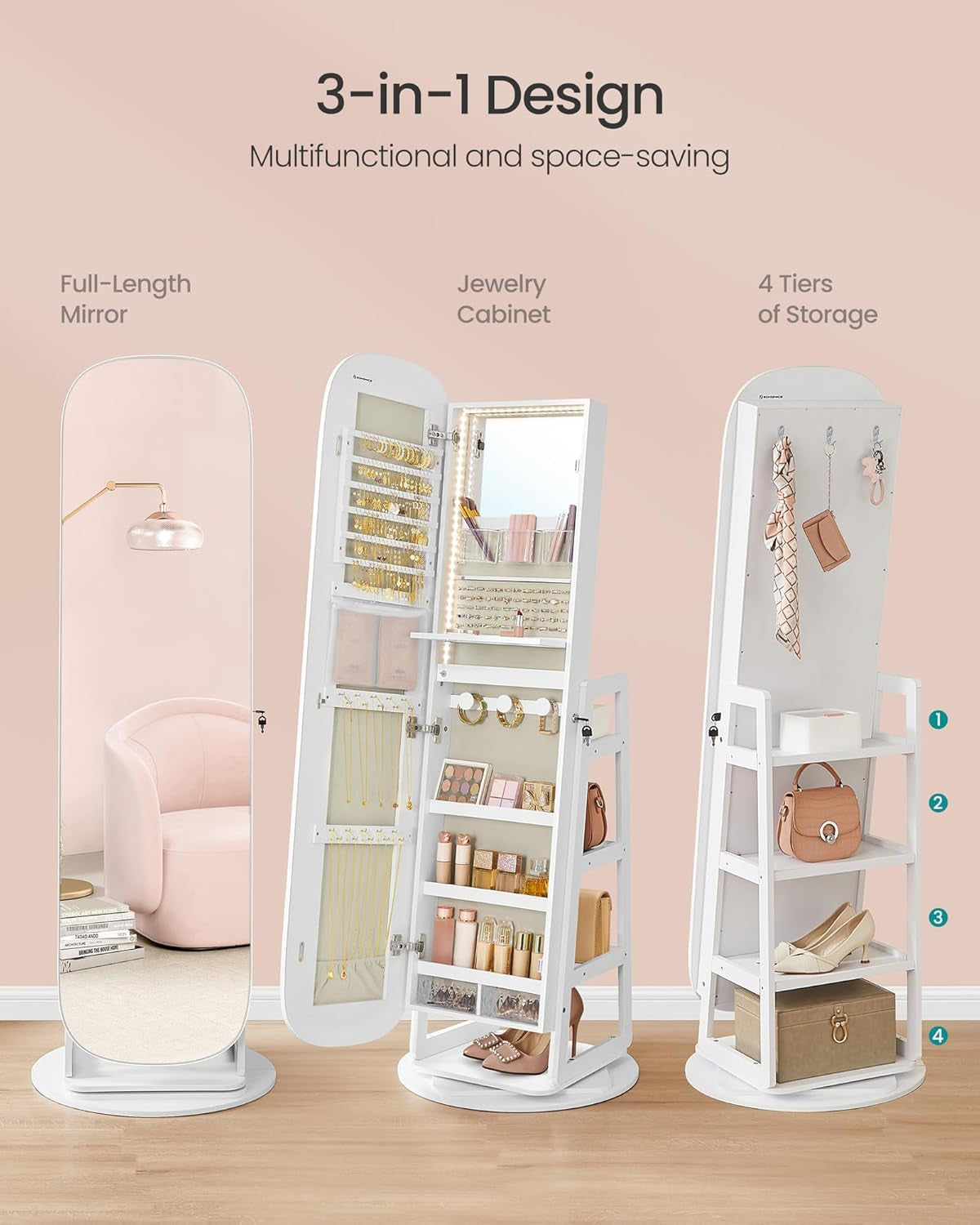 LED Jewelry Cabinet, 360° Swivel Jewelry Organizer, Lockable Mirror Jewelry Cabinet Standing, Rounded Wide Full-Length Mirror with Storage Shelves, Interior Mirror, Cloud White UJJC036W01