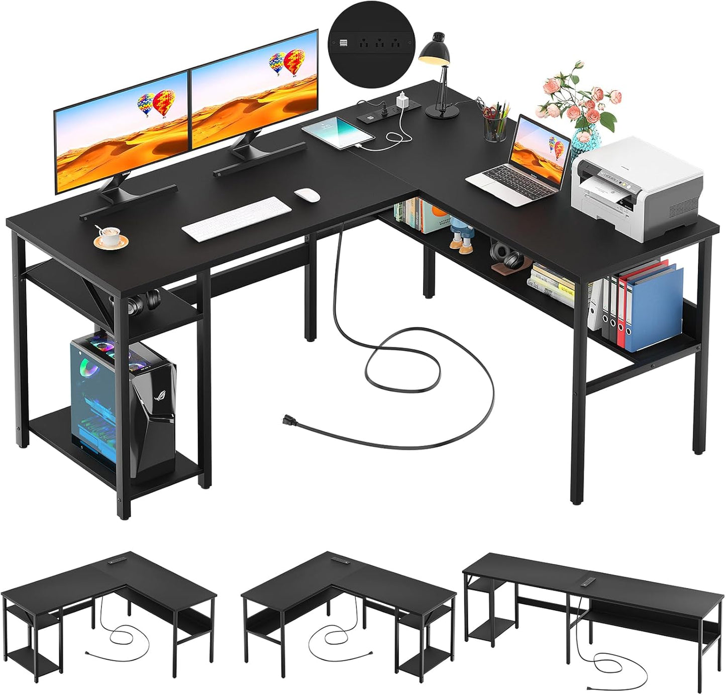 Reversible L Shaped Desk with Magic Power Outlets and USB Charging Ports, Sturdy Corner Computer Desk with Storage Shelves, Gaming Table Home Office Desk, Easy to Assemble, Black