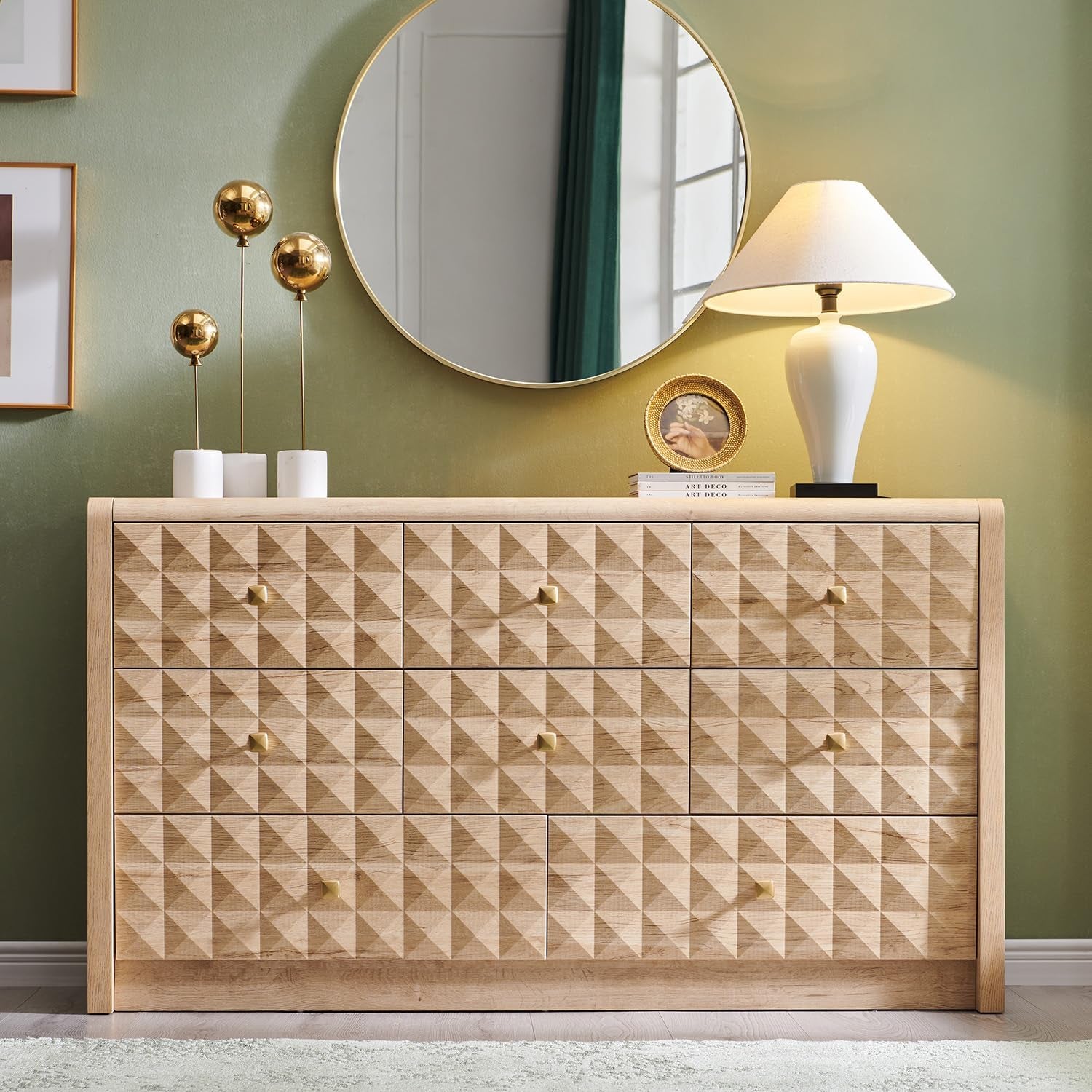 Modern 8 Drawer Dresser for Bedroom, Wooden Large Dressers &Chests of Drawers W/Two Different Drawer Sizes, Mid Century Modern Dresser W/Diamond Panel Decorate for Bedroom, Curved Profile Design,White