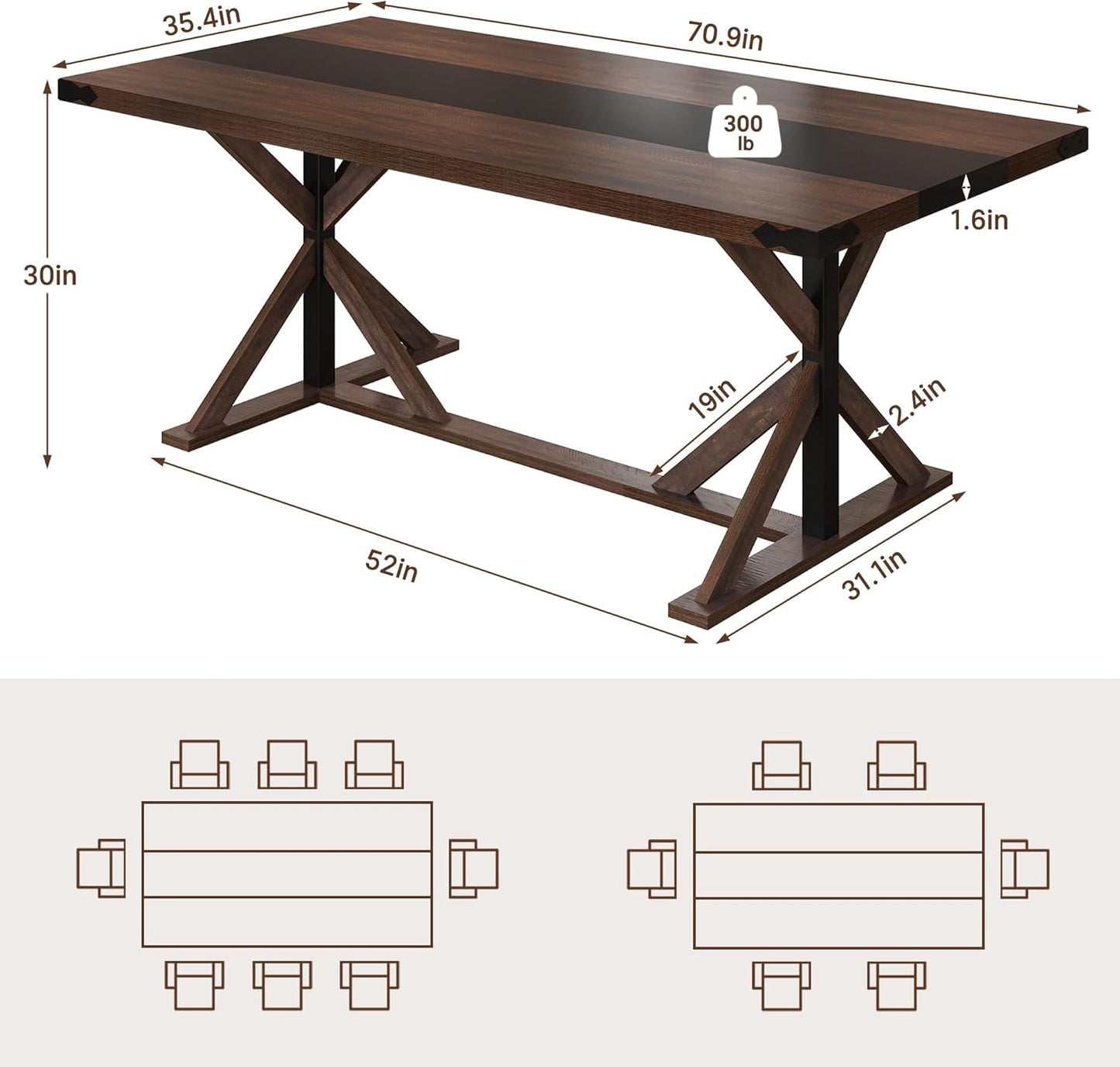 71 Inch Dining Table for 6 People, Rectangular Kitchen Farmhouse Table W/Thickness Waterproof Wood Tabletop,Long Dining Room Tables W/Wood Strip Base for Kitchen Living Room(Br)