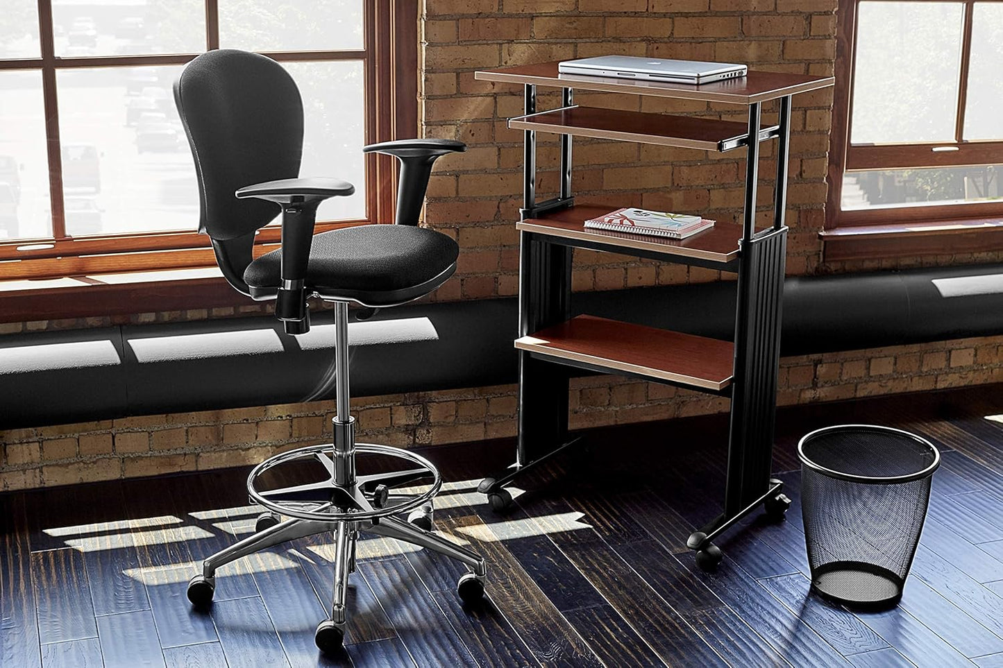 1929CY MUV Mobile Stand-Up Height-Adjustable Desk,Keyboard Storage, Steel Frame Construction, Durable Melamine Laminate Work Surface, 4 Wheels, Narrow Design