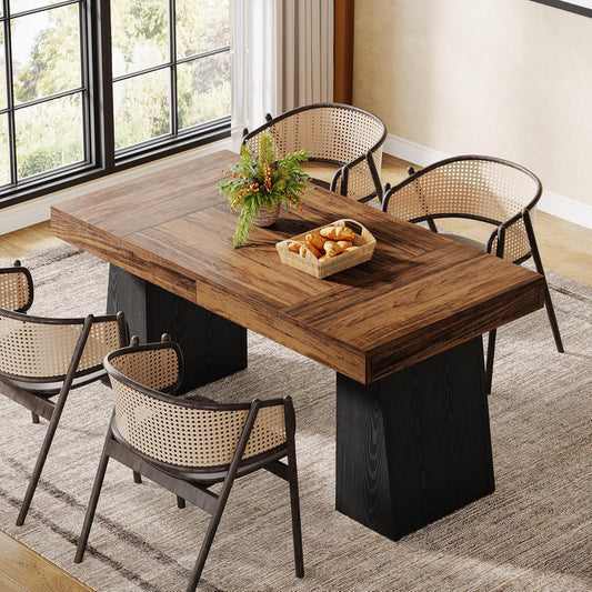 Dining Room Table for 4-6, 55-Inch Mid-Century Modern Dining Table with Double Pedstral, Rectangular Wood Kitchen Dinner Table for Dining Room, Kitchen, Home, Black & Brown