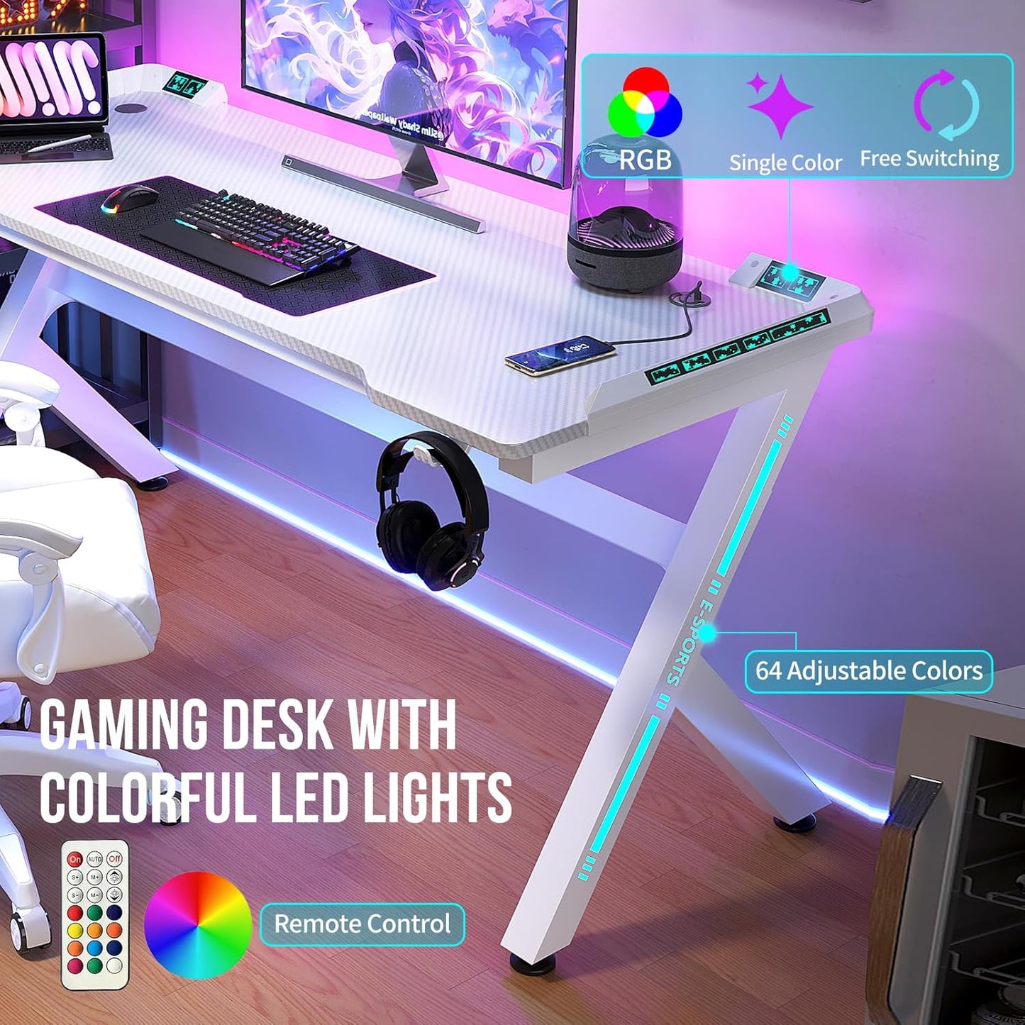 Gaming Desk, 55'' Computer Desk, Gaming Desk W/Led Lights & Carbon Fiber Desktop, Home Office Desks W/Ergonomic Design, Computer Desks W/Cup Holder, Headphone Holder, Cable Organizer