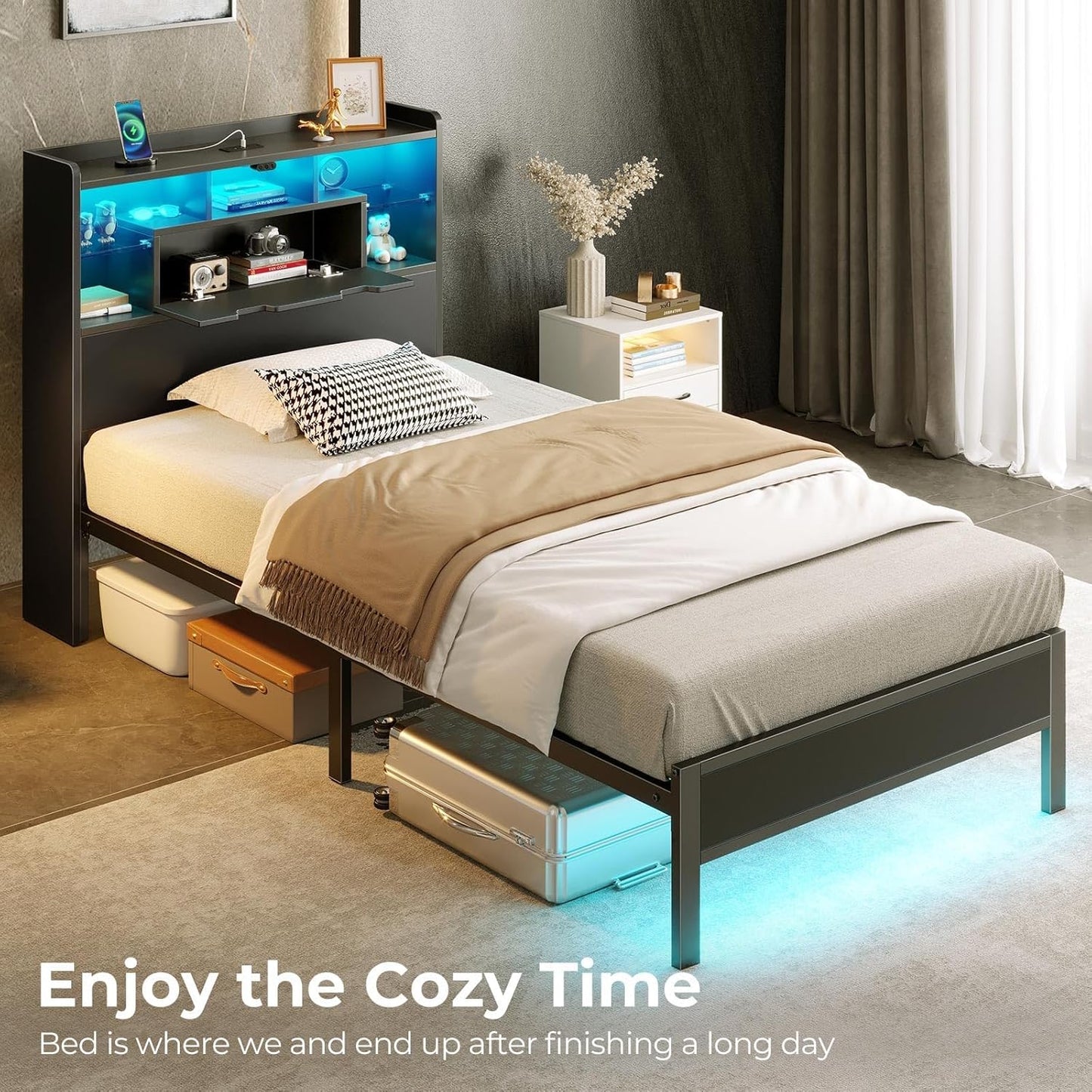 Twin Bed Frame with Headboard, LED Bed with Bookcase Storage and Charging Station, Metal Platform Bed with Glass Shelves, No Box Spring Needed, Noise-Free, Black