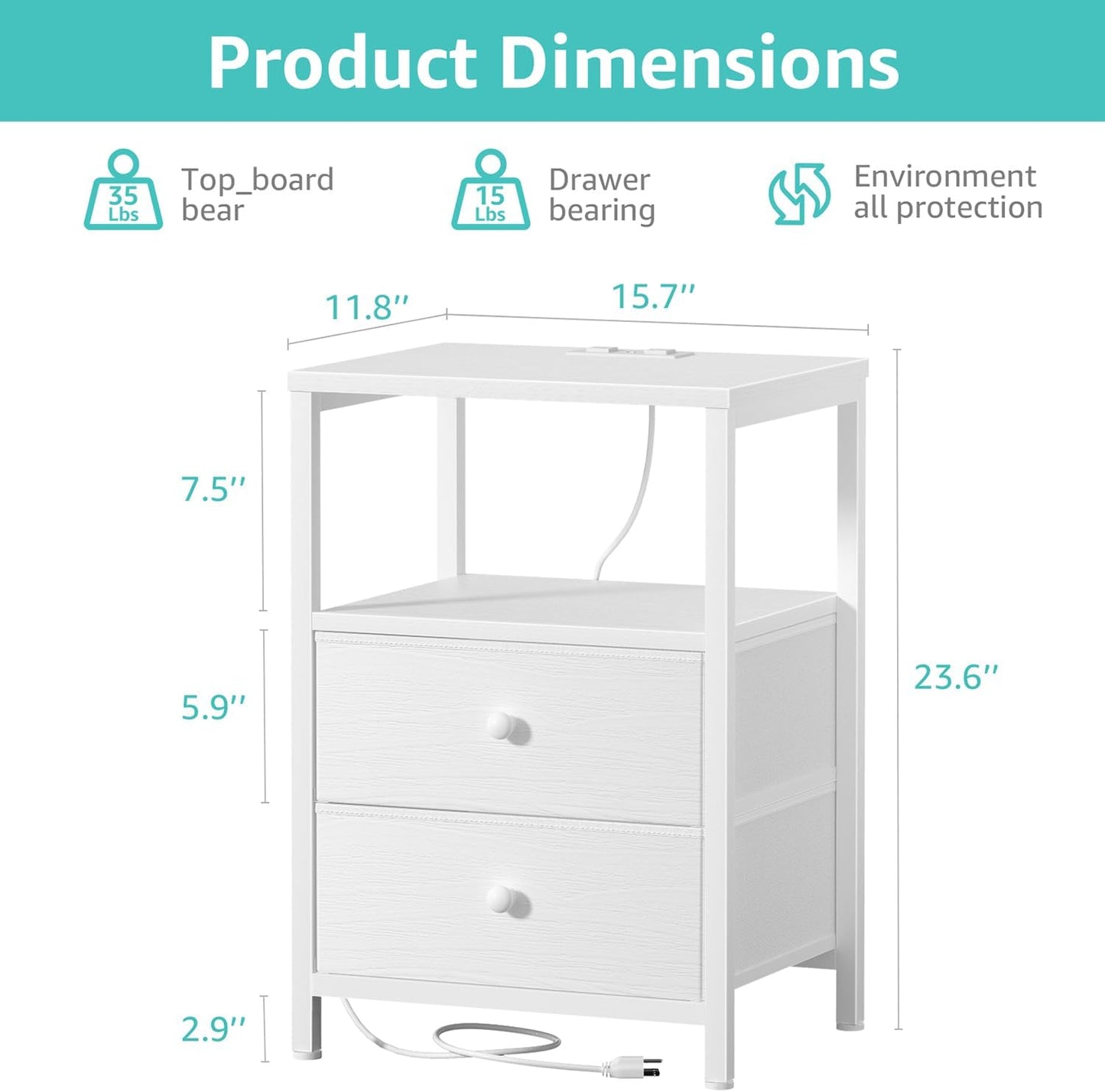 White Nightstand with Charging Station, LED Night Stand with 2 Fabric Drawers, Bedside Table with USB Ports and Outlets, Nightstand for Bedroom Modern