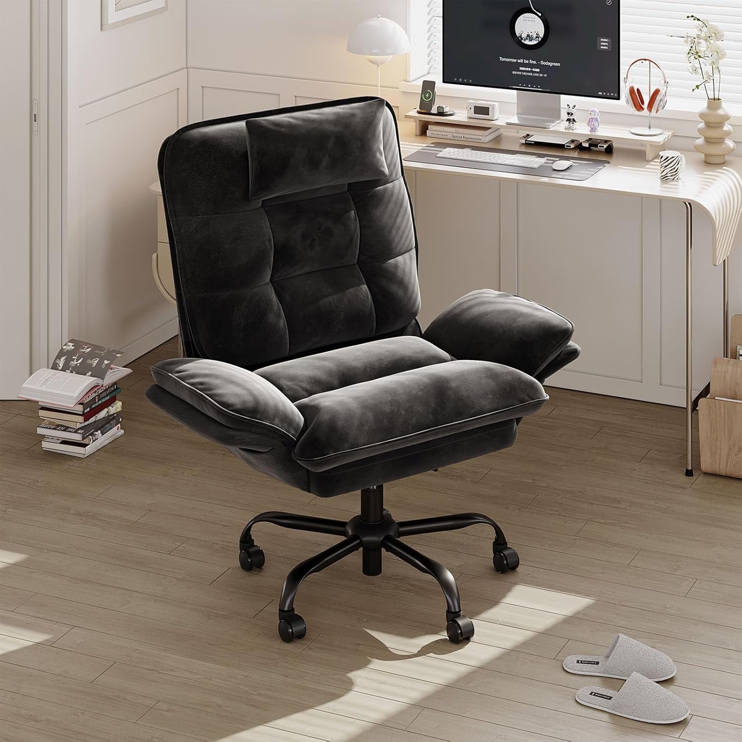 Cross Legged Office Chair, Criss Cross Chair with Adjustable Arms, 135° Reclining Velet Executive Chair with Wheels, Big and Tall Computer Desk Chair for Home, Office - Black