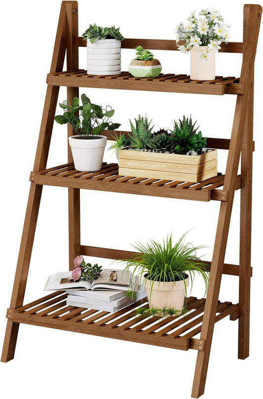 39.4" Bamboo Ladder Shelf Plant Shelf, 3 Tier Foldable Ladder Flower Pot Display Shelf Rack, 23.6"W X 15"D X 39.4"H, Freestanding Bookshelf for Garden, Balcony, Yard, Patio, Lawn, Living Room, Walnut