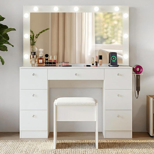 Sweetgo 46" Vanity with Lighted Mirror, Glass Top Makeup Vanity Desk with LED Lights, 3 Color Modes, Charging Station, 7 Drawers Vanity Table Set with Stool for Bedroom, White