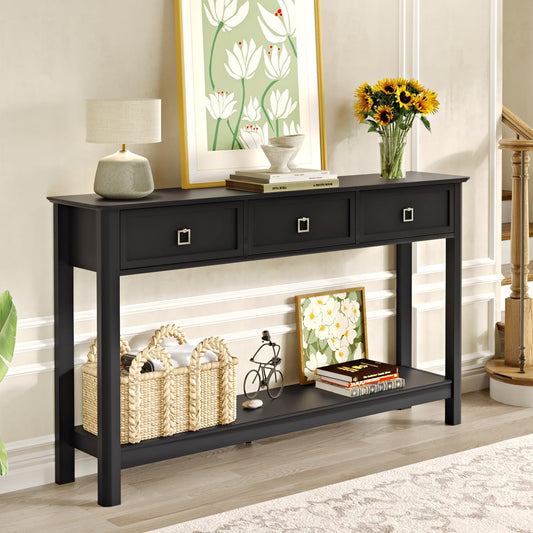 53.1" Console Table with 3 Drawers, Modern Entryway Table, 2-Tier Narrow Long Sofa Table behind Couch Table for Living Room, Hallway, Black