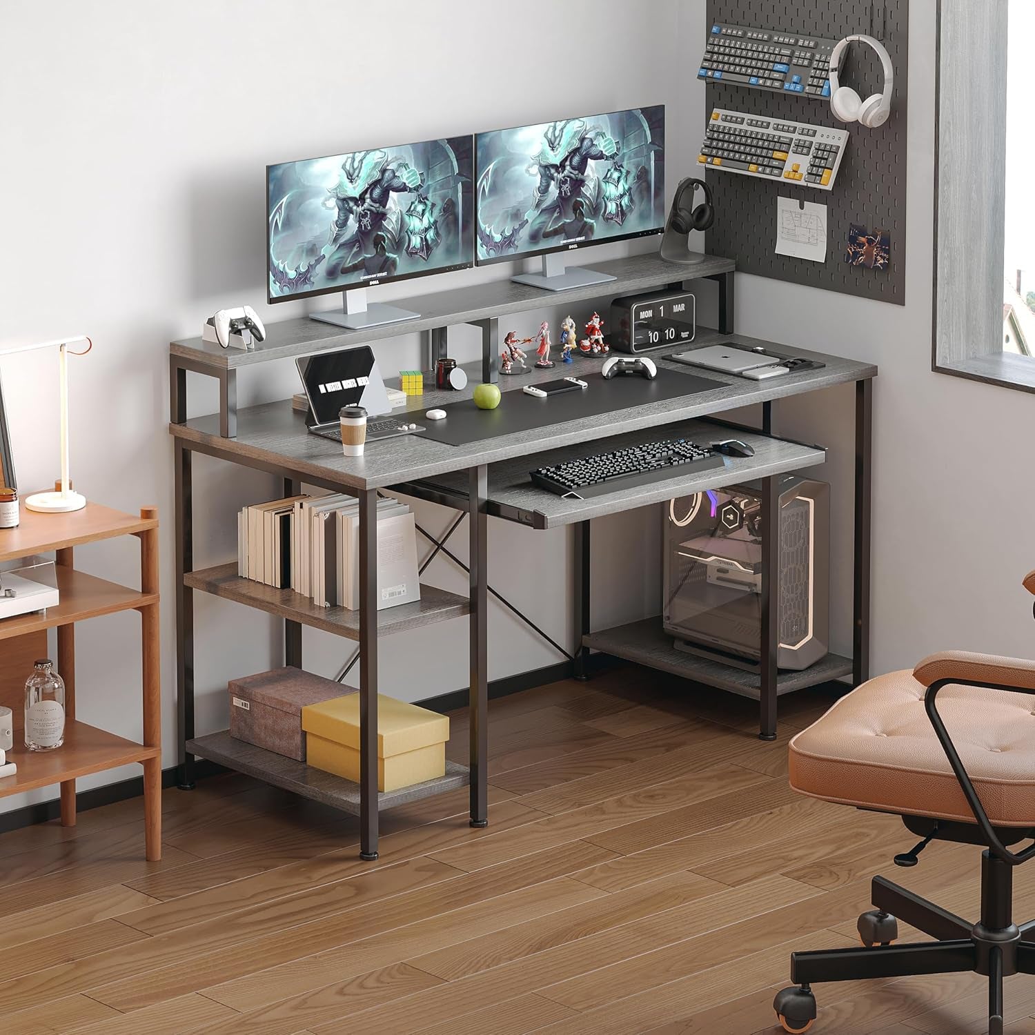Computer Desk- 48 Inch Home Office Desk with Keyboard Tray, 47" Gaming Desk with Full Monitor Stand & Storage Shelves & CPU Stand, Modern Study Writing Table with Shelf for Storage, Gray Oak
