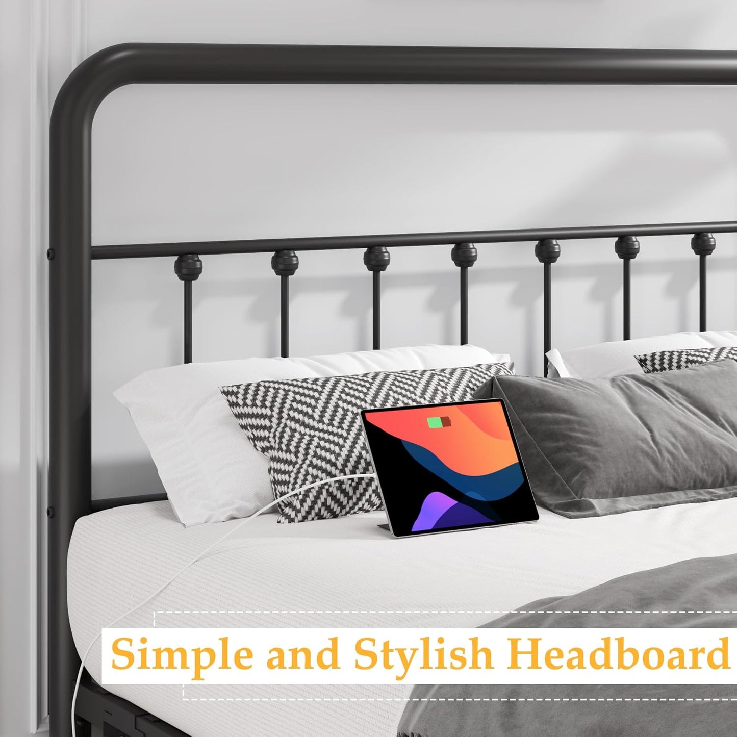 14 Inch Queen Bed Frame Classic Metal Platform Bed Frame with Charging Station & LED, Victorian Style Iron-Art Headboard/Footboard, under Bed Storage, No Box Spring Needed, Noise Free