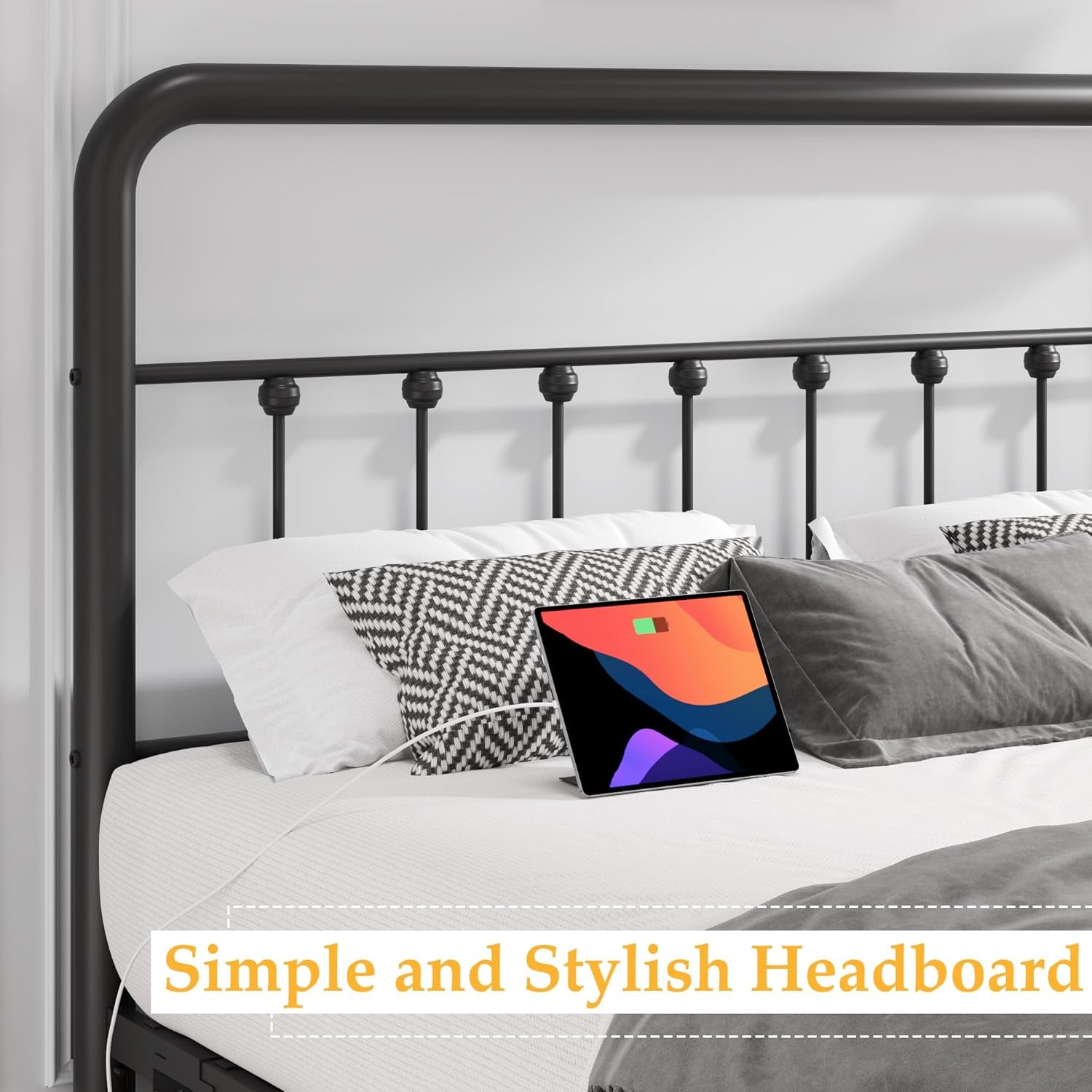 14 Inch Queen Bed Frame Classic Metal Platform Bed Frame with Charging Station & LED, Victorian Style Iron-Art Headboard/Footboard, under Bed Storage, No Box Spring Needed, Noise Free