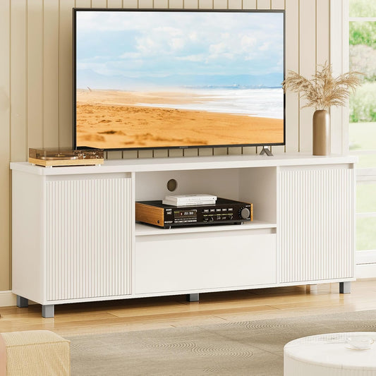 63In TV Stand for Tvs up to 70", Fluted Entertainment Center with Storage Drawer and Open Shelves, Modern TV Console Media Cabinet for Living Room, Bedroom, White