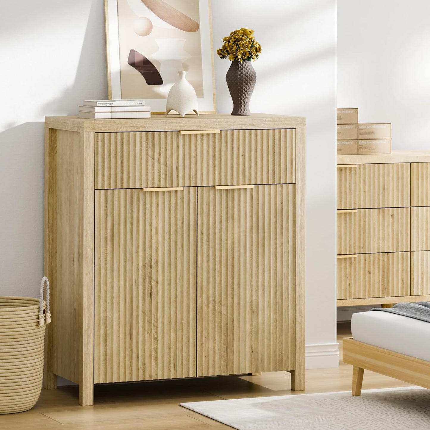 Fluted Buffet Cabinet with Storage Sideboard Cabinet Adjustable Shelves for Kitchen Living Room, Kitchen, Entryway