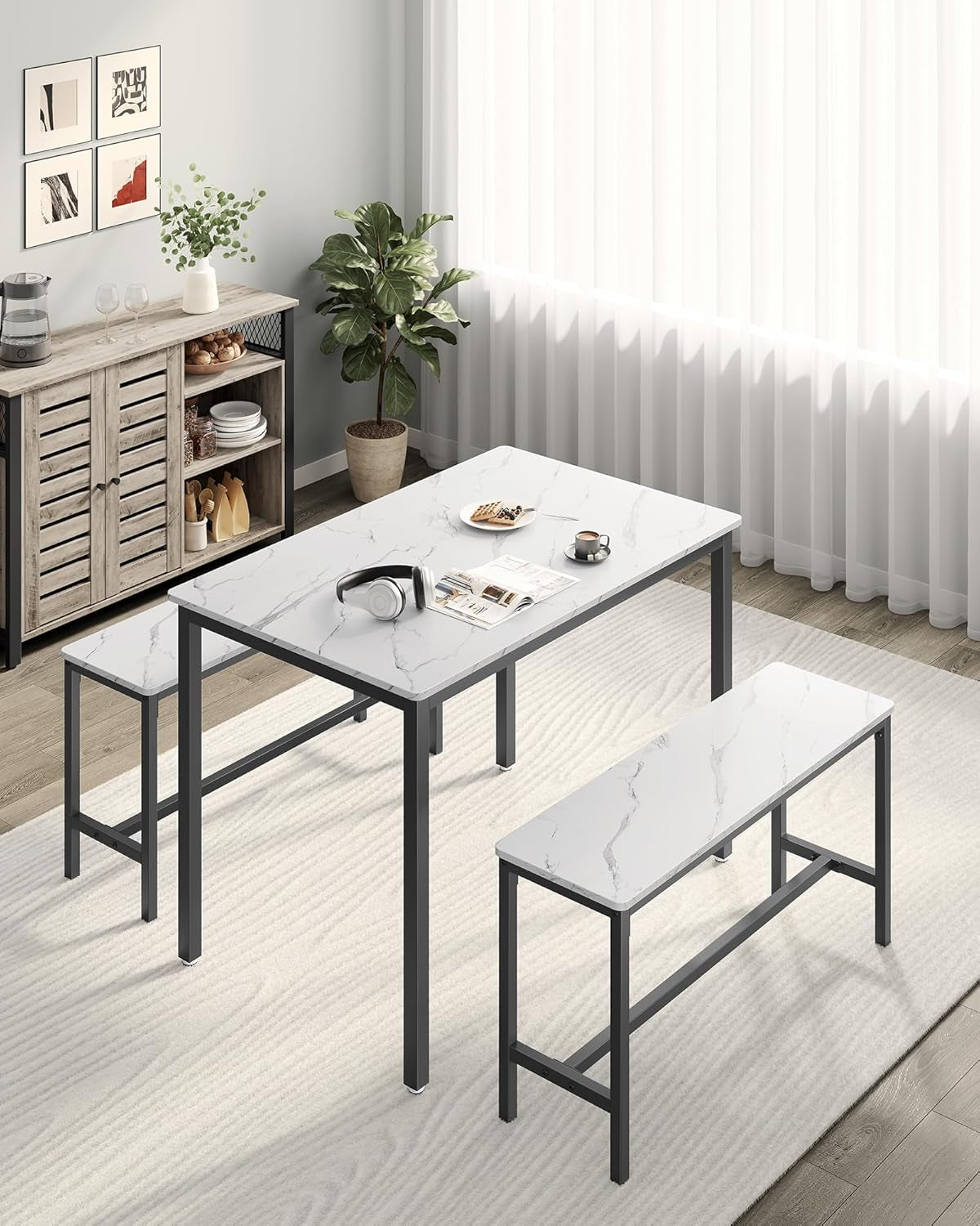 Dining Table Set for 4, Kitchen Table with 2 Benches, 43.3 X 27.6 X 29.5 Inches Dining Room Table, 38.2 X 11.8 X 19.7 Inches Bench, Marble White and Ink Black UKDT070B59