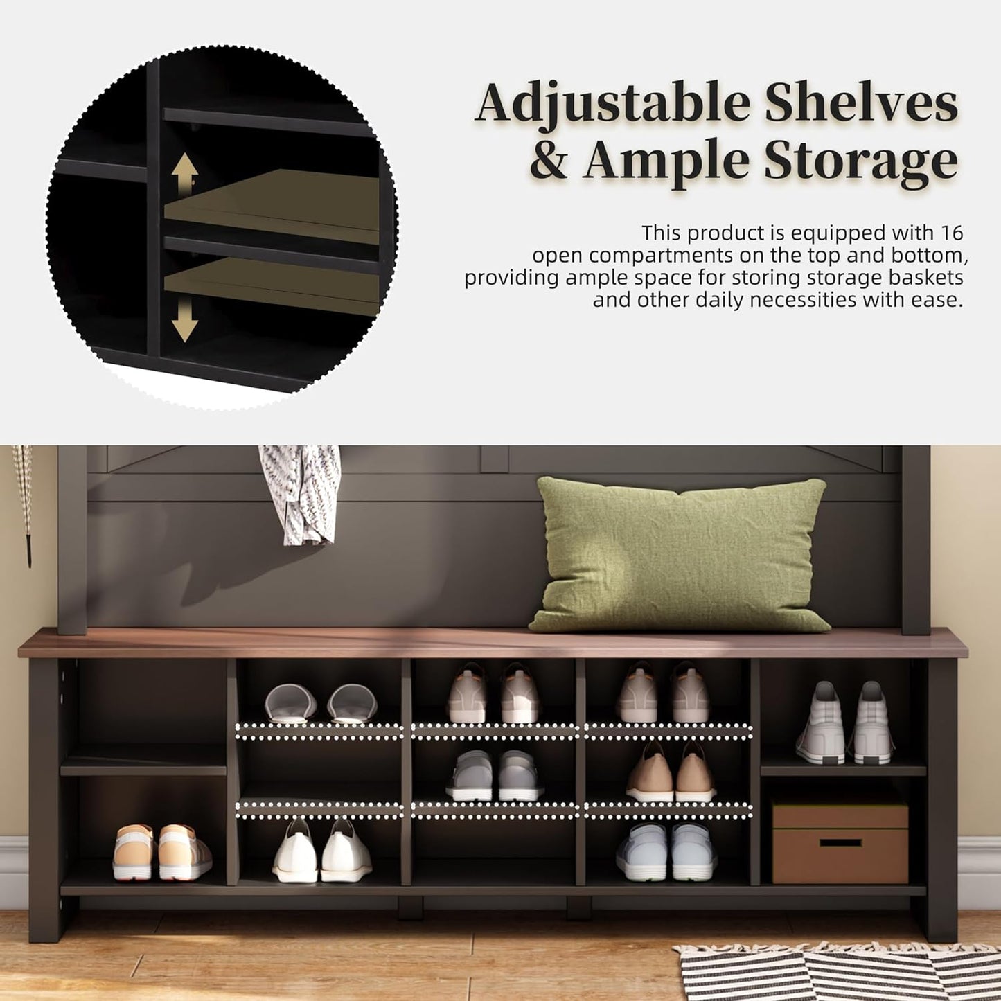 Wood Rustic Hall Tree Entryway Bench with 6 Hooks and Adjustable Shelves, Farmhouse Mudroom Versatile Coat Racks with 16 Open Compartments, Entrance Organizer for Hallway Black