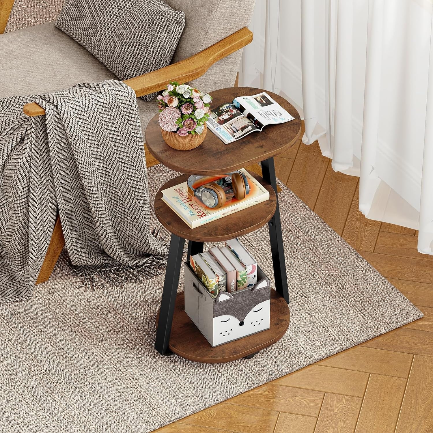 Side Table, Small End Table with Metal Frame, 3-Tier Bedside Tables, round Side Tables for Living Room Bedroom Couch Bathroom, Oval, Vintage Brown