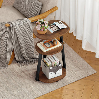 Side Table, Small End Table with Metal Frame, 3-Tier Bedside Tables, round Side Tables for Living Room Bedroom Couch Bathroom, Oval, Vintage Brown