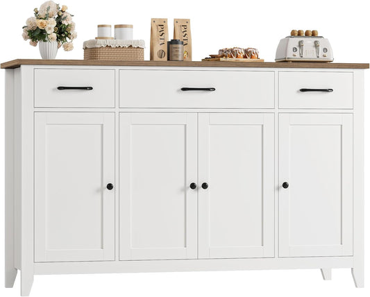 55" Buffet Cabinet, Modern Farmhouse Sideboard Buffet with Drawers, Large Kitchen Storage Cabinet with Adjustable Shelves, Wood Coffee Bar for Kitchen, Dining Room, Living Room, White