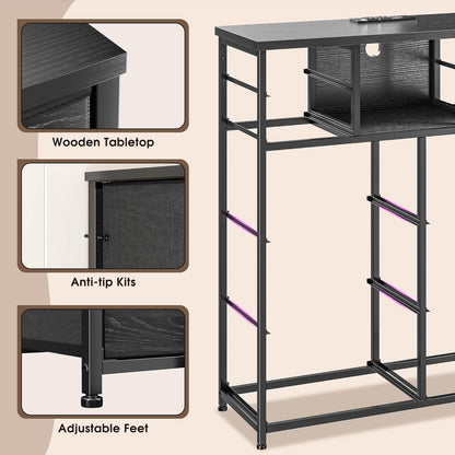 Dresser for Bedroom with 10 Drawers Featuring LED Light and Power Outlet, Fabric Dressers & Chest of Drawers with Open Shelves for Hallway, Living Room, Metal Frame,Wood Top,Grain Black