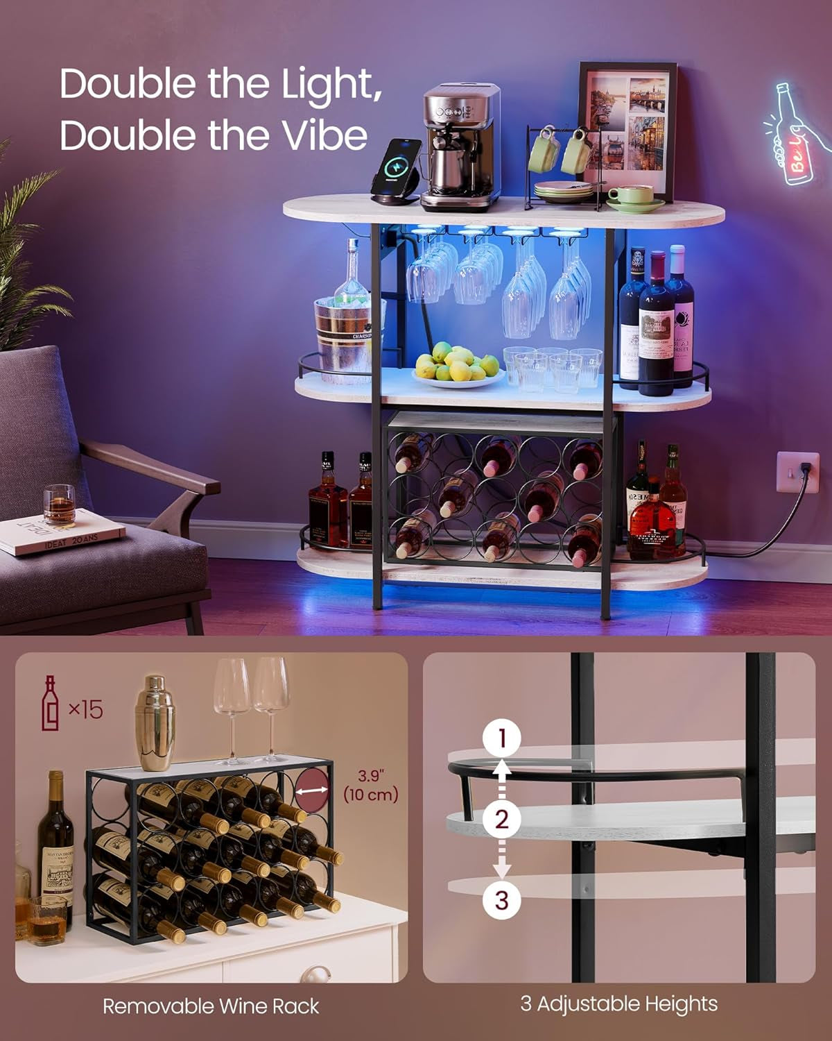 Bar Cabinets for Home, LED Coffee Bar with Power Outlets, Home Mini Bar for Liquor, Freestanding Wine Rack with Glass Holder, Kitchen, Dining Room, Rustic White ULWR007W01