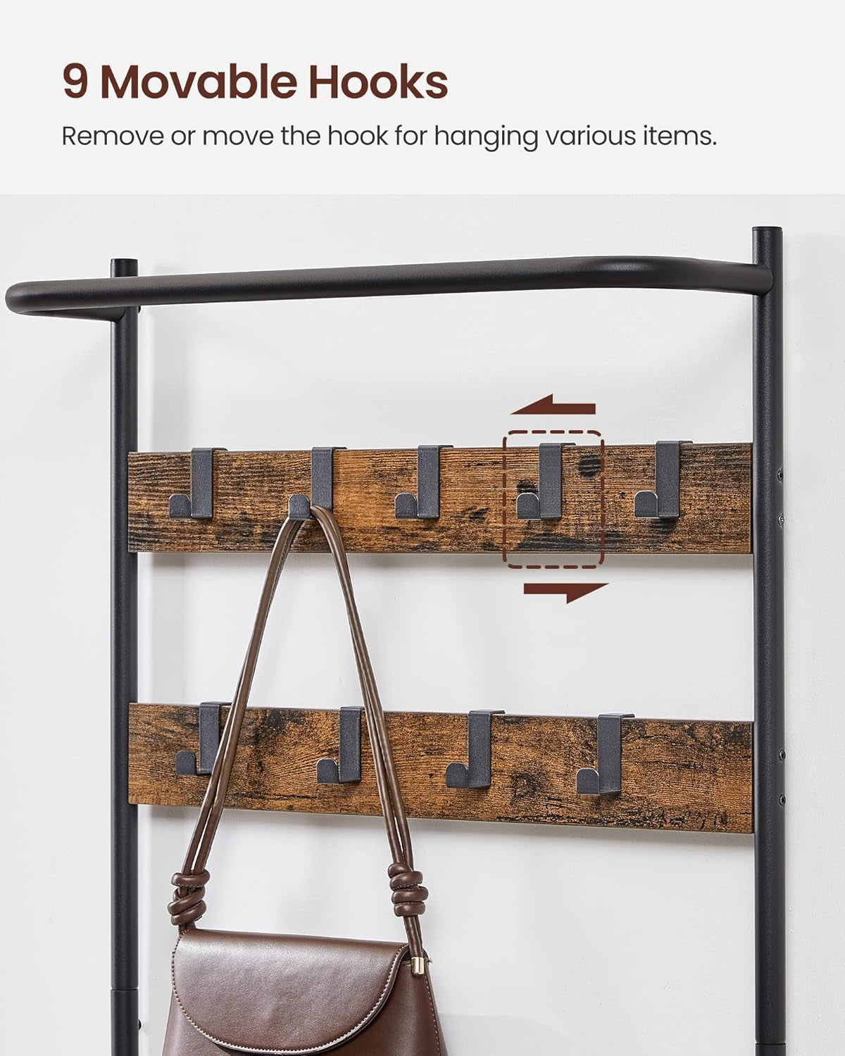 Hall Tree with Bench and Shoe Storage, Entryway Bench with Coat Rack Stand and Shoe Rack, 9 Movable Hooks, Top Bar, Fabric Shelves, Industrial, Rustic Brown and Black UHSR411B01