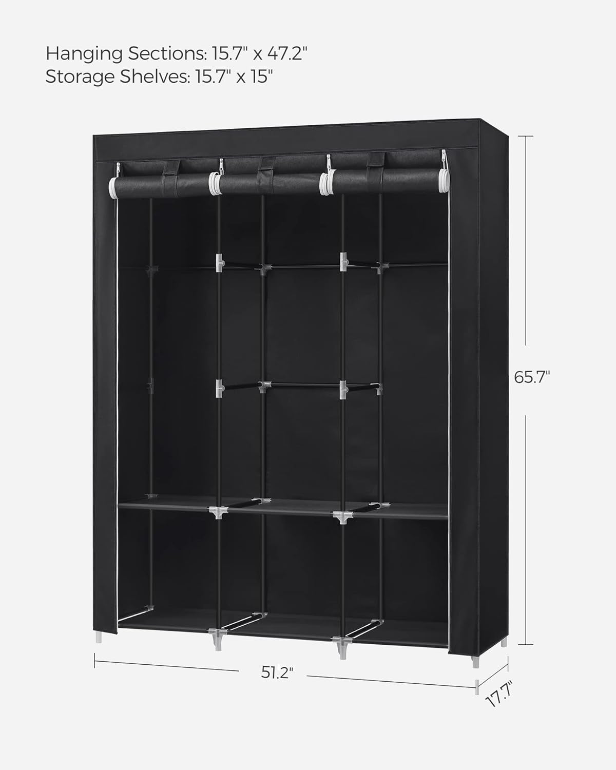 Portable Closet, Wardrobe Closet Organizer with Cover, 3 Hanging Rods and Shelves, 4 Side Pockets, 51.2 X 17.7 X 65.7 Inches, Large Capacity for Bedroom, Living Room, Ink Black URYG092B02