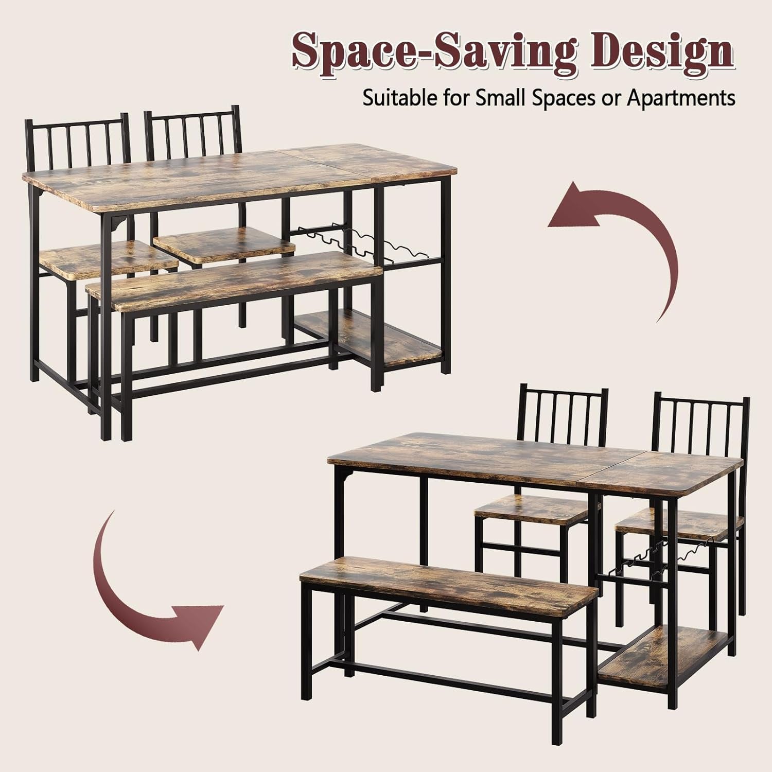 Dining Table for 4, Kitchen Table Set for 4 with 2 Chairs and Bench, Dining Room Table Set with Built in Wine Rack & Wine Glasses Holder, Storage Shelves for Small Space, Kitchen, Rustic Brown