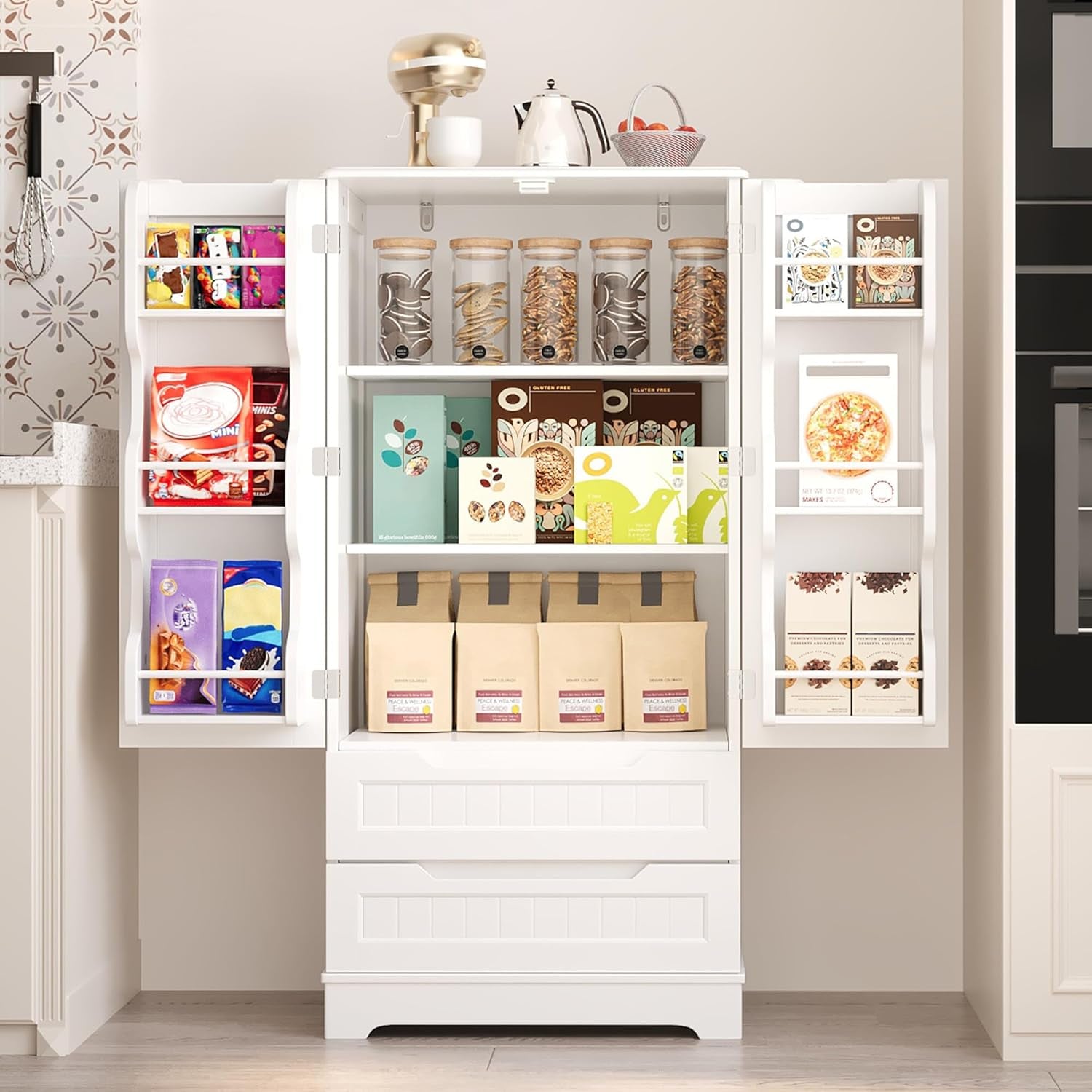 Kitchen Pantry Storage Cabinet with Drawers Freestanding Bathroom Storage Cabinets with Doors and Shelves, 47" Small Food Pantry Cabinet for Dining Room Craft Room, White