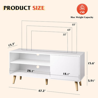 TV Stand for 55 Inch Tvs, Entertainment Center with Storage Cabinet, Mid-Century TV Stands for Living Room and Bedroom, 50" TV Console, White