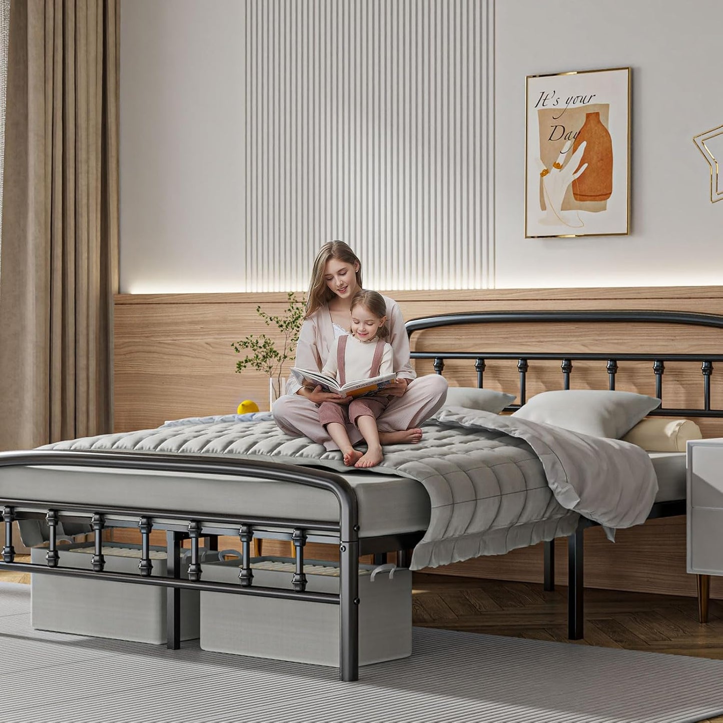 Metal Full Size Bed Frame with Headboard,Victorian Style Headboard and Footboard, No Squeak, Heavy Duty 1500Lbs Support, Easy 20-Min Tool-Free Assembly, No Box Spring Needed/Underbed Storage