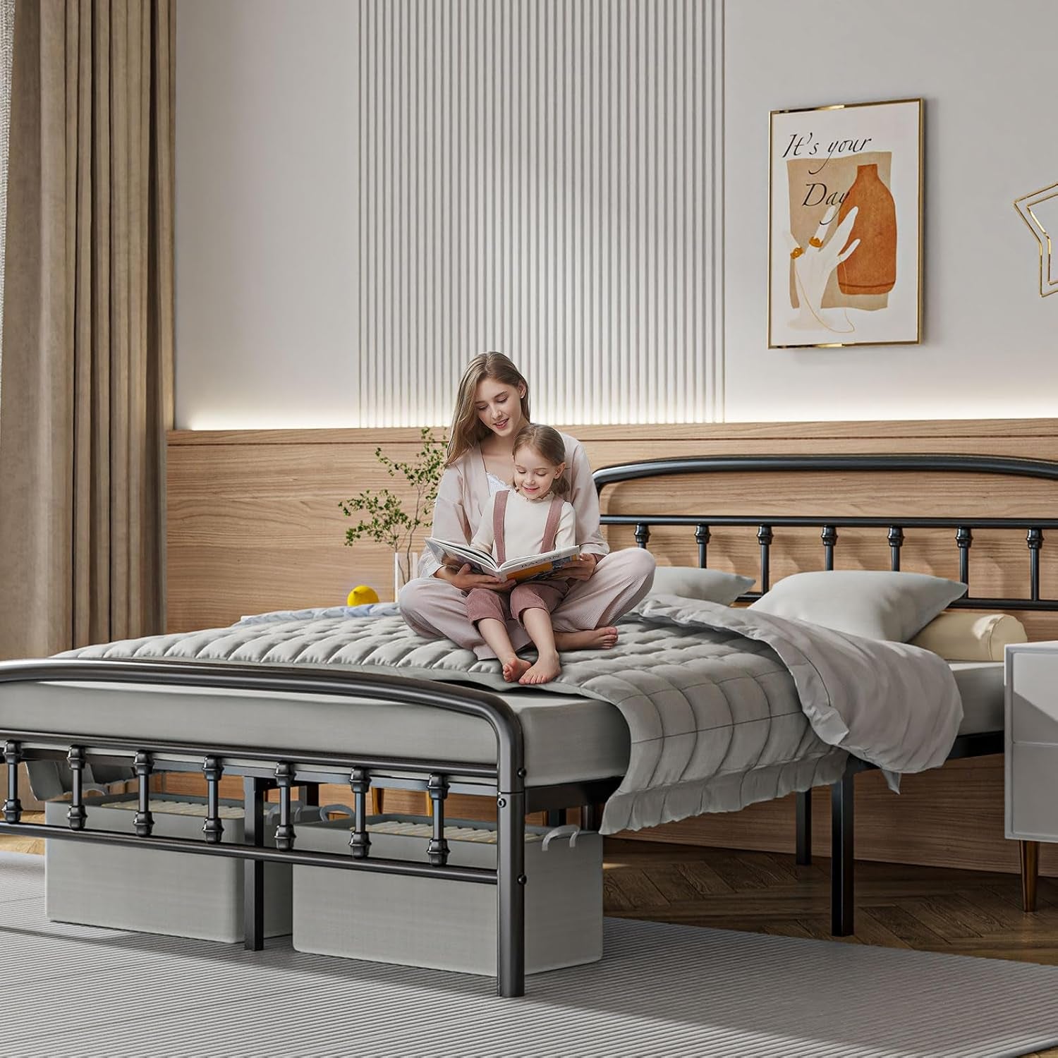 Metal Full Size Bed Frame with Headboard,Victorian Style Headboard and Footboard, No Squeak, Heavy Duty 1500Lbs Support, Easy 20-Min Tool-Free Assembly, No Box Spring Needed/Underbed Storage