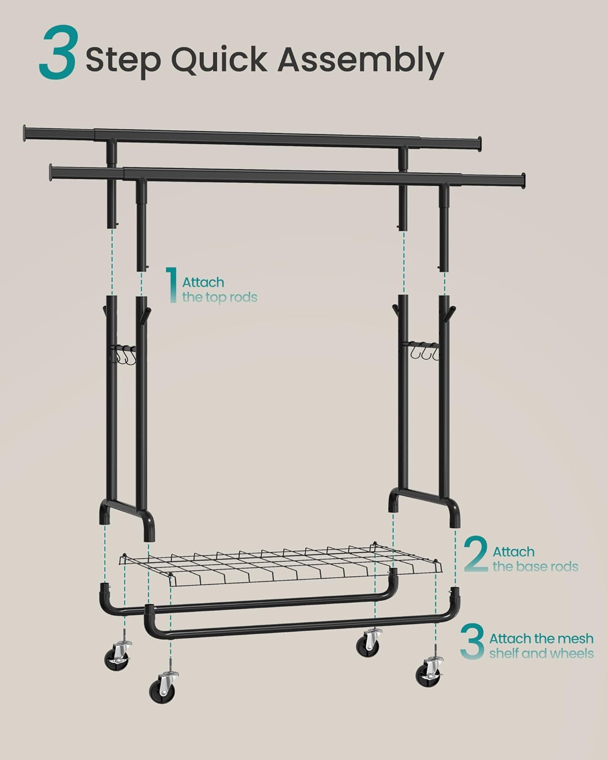 Clothes Rack, Heavy-Duty Rolling Clothing Garment Rack with Wheels, Extendable Double Hanging Rods and Adjustable Height, Portable, with Shelf and Hooks, Ink Black UHSR015B01