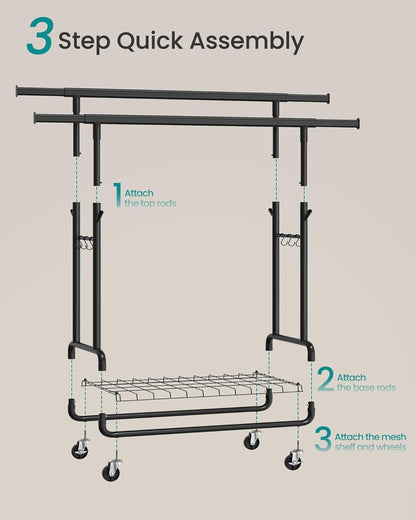 Clothes Rack, Heavy-Duty Rolling Clothing Garment Rack with Wheels, Extendable Double Hanging Rods and Adjustable Height, Portable, with Shelf and Hooks, Ink Black UHSR015B01